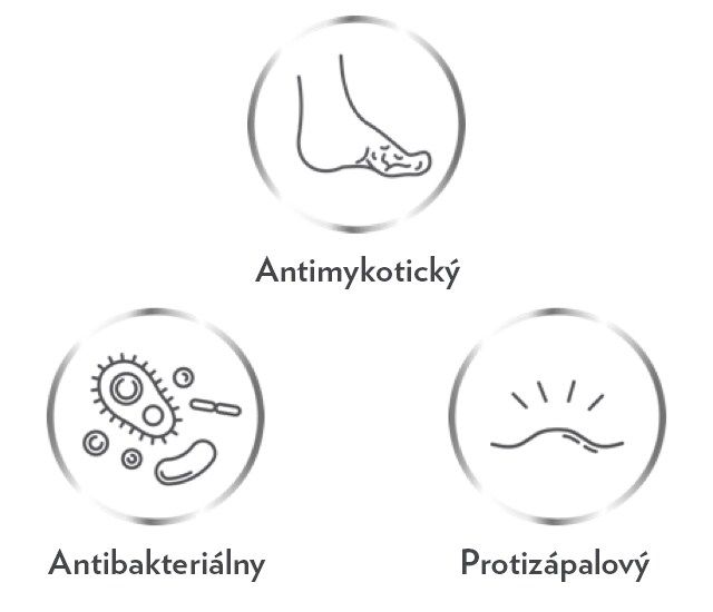 Tri ikony označujúce antimykotický, antibakteriálny a protizápalový účinok prípravku Canespor krém